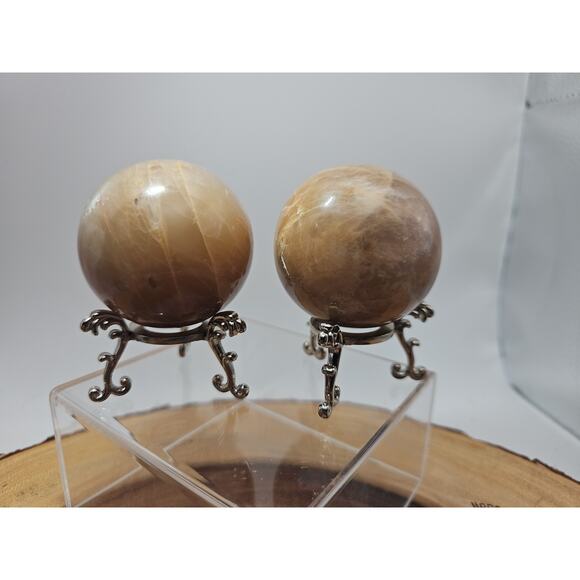 Peach Moonstone Spheres 1 Pair 55mm Each W/Stands - Picture 9 of 11
